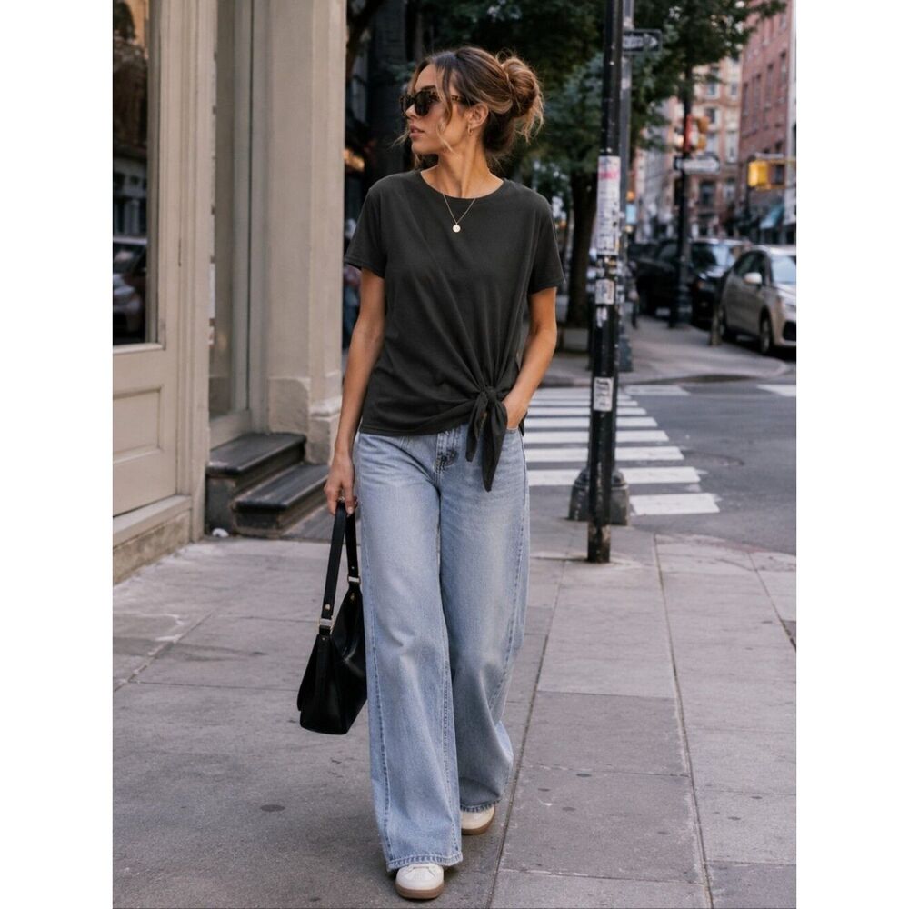 7 For All Mankind Black Tie Front Tee Women's Small